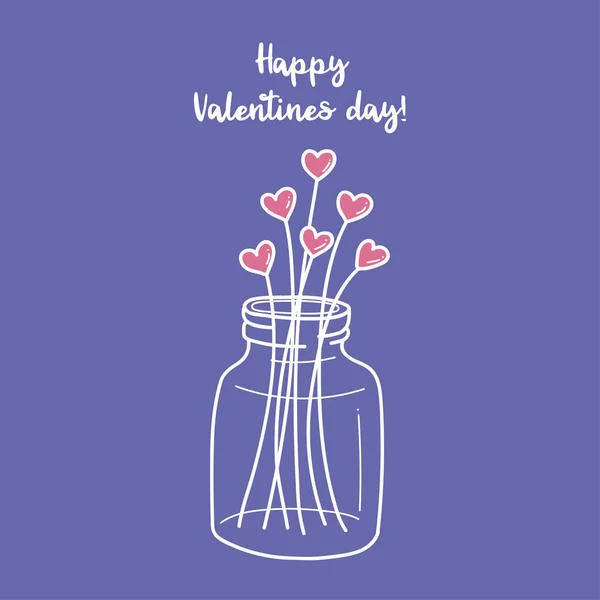 Valentines day greeting card in trendy colors pink and violet with hearts in a vase isolated on purple — Vettoriale Stock