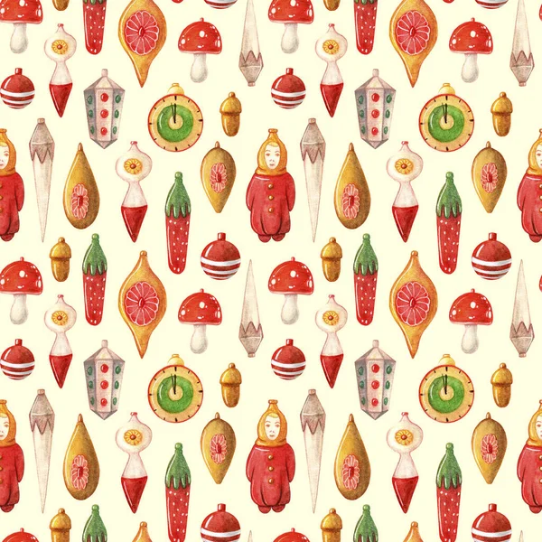 Vintage Christmas toys watercolor seamless pattern. New Year greeting card. It can be used to decorate holiday packages, fabrics, wrapping paper, textiles on yellow background. — Stockfoto