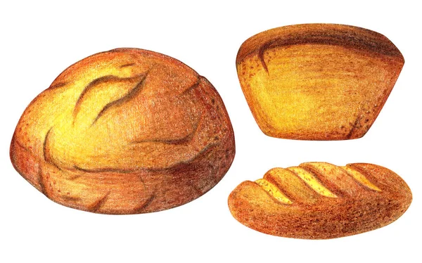 Acuarela Set de pan ilustración. Diferentes tipos de pan. Productos de pastelería ecológica fresca diaria, pan, pan, galletas, baguette, alfiler. Set vintage, aislado. Para menú, tarjeta, póster —  Fotos de Stock