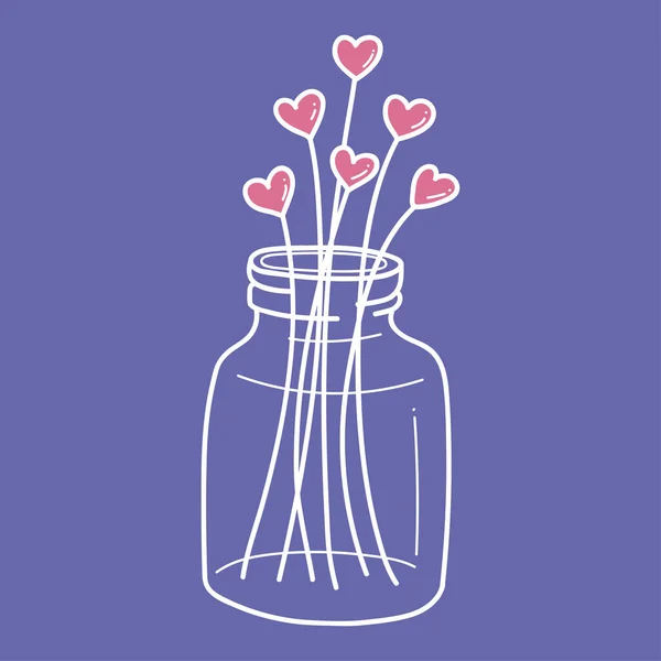 情人节贺卡，色彩艳丽，粉色和紫色，红心插在紫色花瓶里 — 图库矢量图片