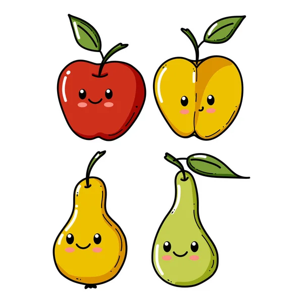 Komik suratlı elma ve armut karakterler. Çocuk vektör çizimlerinden oluşan mutlu şirin çizgi film koleksiyonu. Sağlıklı vejetaryen yemekleri çocuksu karakterler. — Stok Vektör
