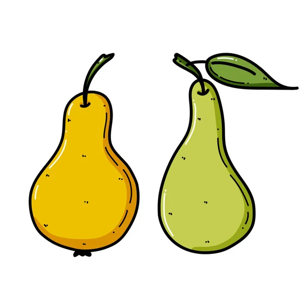 Birnenkritzelillustration. Süße Frucht mit Blatt, natürliches Produkt. Flache Zeichentrickillustration. Handgezeichnete Früchte in leuchtenden Farben — Stockvektor