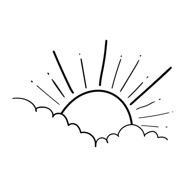 Disegno di sole e nuvole in stile contorno incisione. Illustrazione vettoriale — Vettoriale Stock
