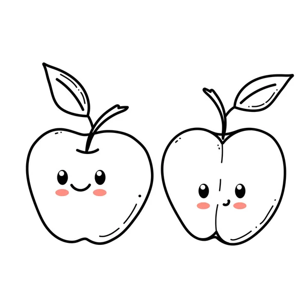 具有滑稽面孔的苹果角色。快乐可爱的卡通红黄苹果套件矢量插图.健康素食儿童性格 — 图库矢量图片
