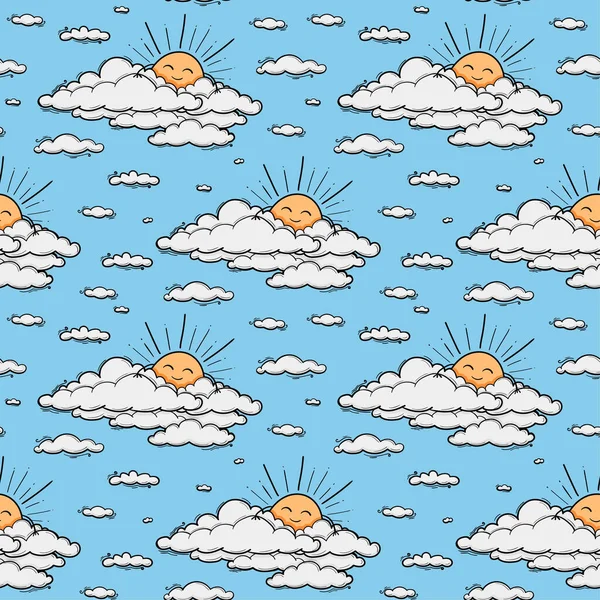 Nuvem bonito e sol sem costura fundo vetor padrão. Sorrindo sol crianças ilustração isolada no céu azul. Fundo de verão. Design engraçado para crianças e bebê — Vetor de Stock