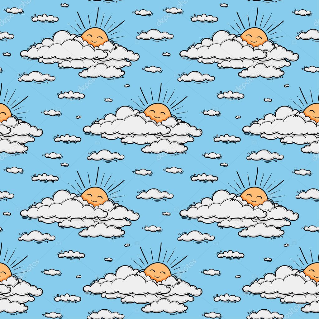 Cute cloud and sun seamless pattern vector background. Smiling sun kids illustration isolated on blue sky. Summer background. Funny design for kids and baby