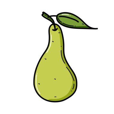 Armut karalama çizimi. Yapraklı tatlı meyve, doğal ürün. Çizgi film çizimi. Elle çizilmiş meyveler parlak