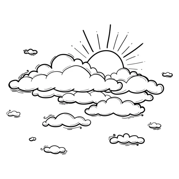 Sonnen- und Wolkenzeichnung im Stich-Umriss-Stil. Vektorillustration — Stockvektor