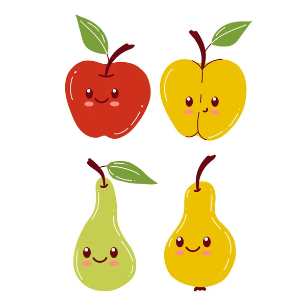 Komik suratlı elma ve armut karakterler. Çocuk vektör çizimlerinden oluşan mutlu şirin çizgi film koleksiyonu. Sağlıklı vejetaryen yemekleri çocuksu karakterler. — Stok Vektör