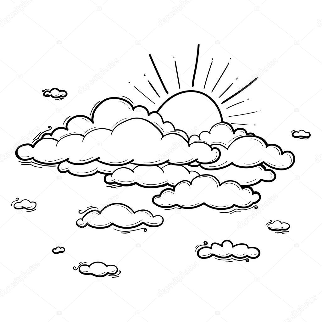 Sun and Cloud drawing in engraving outline style. Vector illustration isolated on white