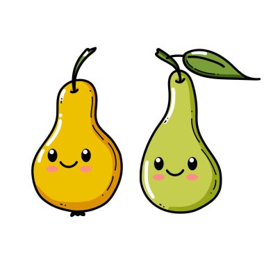 Komik armut karakteri. Vektör düz armut çizgi film çocukları mutlu karakter. Armut meyve konsepti çizimi yeşilde izole