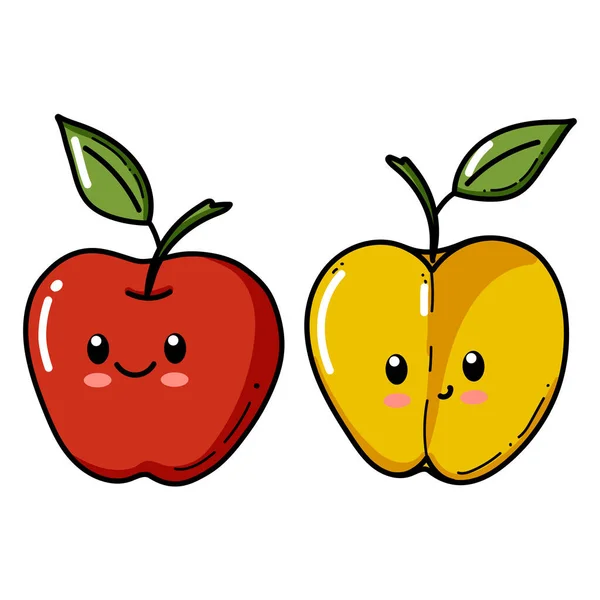 Appelfiguur met grappig gezicht. Gelukkig schattig cartoon rood en geel appel set vector illustratie. Gezond vegetarisch voedsel kids karakter — Stockvector