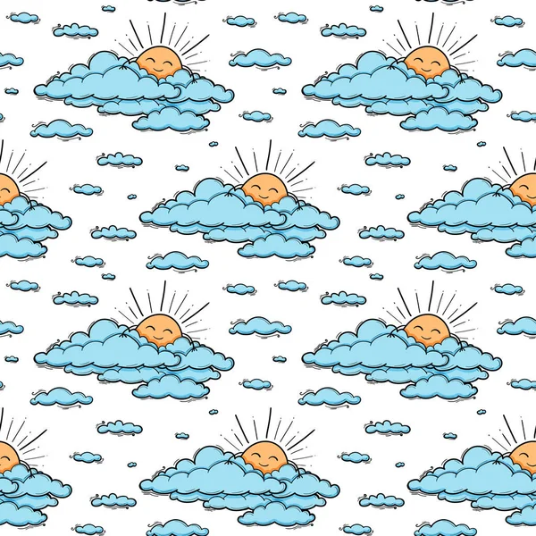 Carino nube e sole senza soluzione di continuità modello vettore di sfondo. Illustrazione sorridente dei bambini del sole isolata sul cielo blu. Sfondo estivo. Design divertente per bambini e bambini — Vettoriale Stock