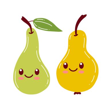 Komik armut karakteri. Vektör düz armut çizgi film çocukları mutlu karakter. Armut meyve konsepti çizimi yeşil arkaplanda izole.