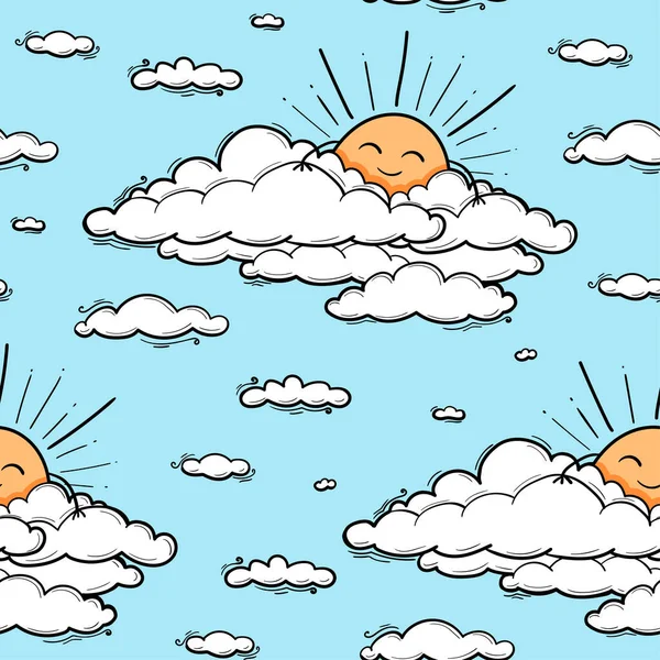 Nette Wolke Und Sonne Nahtlose Muster Vektor Hintergrund Lächelnde Sonnenkinder — Stockvektor