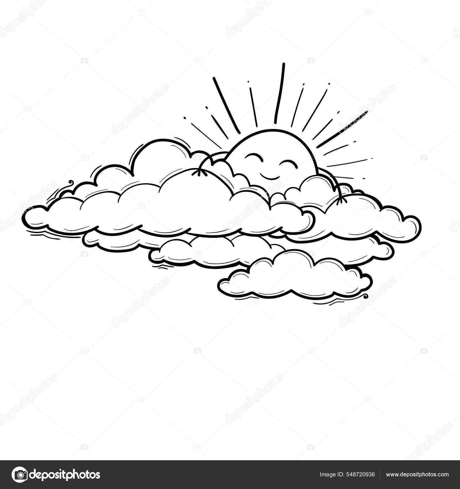 Sun and Cloud drawing in engraving outline style. Vector illustration ...