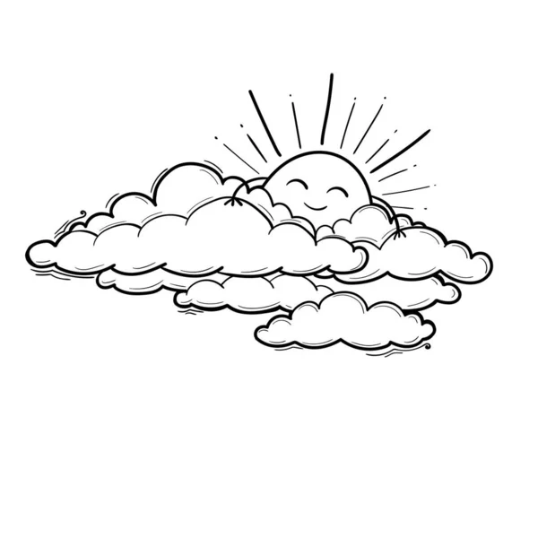 Dibujo de sol y nube en estilo de contorno de grabado. Ilustración vectorial — Vector de stock