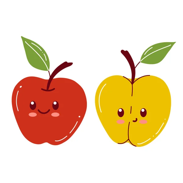 Komik suratlı bir elma karakteri. Mutlu şirin çizgi film kırmızı ve sarı elma kümesi vektör çizimi. Sağlıklı vejetaryen çocuk karakteri — Stok Vektör