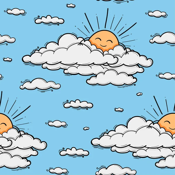 Carino nube e sole senza soluzione di continuità modello vettore di sfondo. Illustrazione sorridente dei bambini del sole isolata sul cielo blu. Sfondo estivo. Design divertente per bambini e bambini — Vettoriale Stock