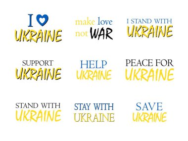 Ukrayna metin vektör illüstrasyonu. Rusya 'dan Ukrayna' ya destek mektubu. Ukrayna bayrağı mavi ve sarı renkler.