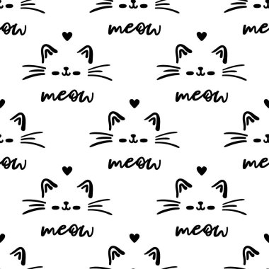 Mavi kedi pürüzsüz desen. Miyav ve kedi patileri arka plan vektör çizimi. Çocuk odası için sevimli bir çizgi film.