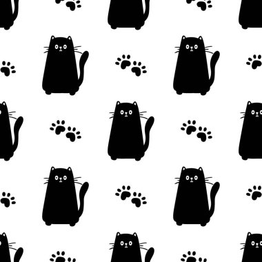 Mavi kedi pürüzsüz desen. Miyav ve kedi patileri arka plan vektör çizimi. Çocuk odası için sevimli bir çizgi film.