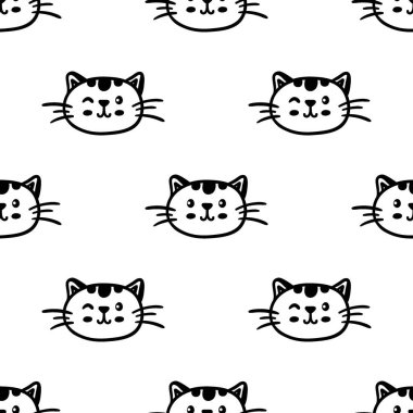 Kara kedi pürüzsüz desen. Miyav ve kedi patileri arka plan vektör çizimi. Bebek bezi baskısı için tatlı pastel karakter..