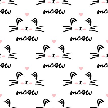 Kara kedi pürüzsüz desen. Miyav ve kedi patileri arka plan vektör çizimi. Bebek bezi baskısı için tatlı pastel karakter..