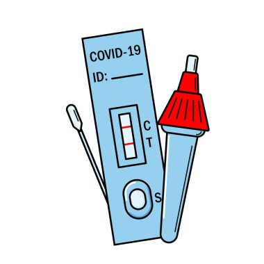 Atk covid hızlı antijen test kiti çizimi. Omicron salgını kişisel PCR ekspres test kılavuzu. Covid-19 test kitinin simgeleri. Coronavirus antikor kan vektörü düz pankart