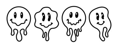Eriyen gülümseme klasik bir illüstrasyon. Retro psikedelik eriyen gülümseme yüz logosu. Damlayan gülümseme. Keyfin yerinde. Pozitif emoji çıkartması. Vektör harika emoji suratı. Yüz simgesi.