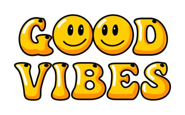 Eriyen gülümseme klasik bir illüstrasyon. Retro psikedelik eriyen gülümseme yüz logosu. Damlayan gülümseme. Keyfin yerinde. Pozitif emoji çıkartması. Vektör harika emoji suratı. Yüz simgesi.