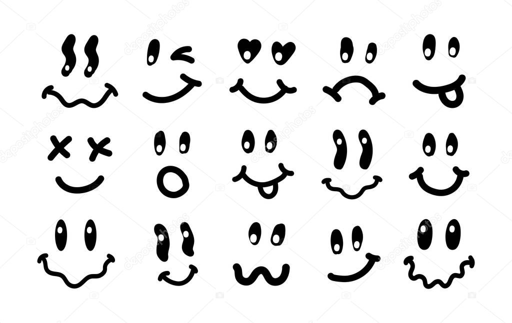 Y2k smile vintage illustration. Retro psychedelic melt smile face logo. Dripping smile. Good mood. Positive emoji sticker. Vector groovy emoji face. Face symbol.