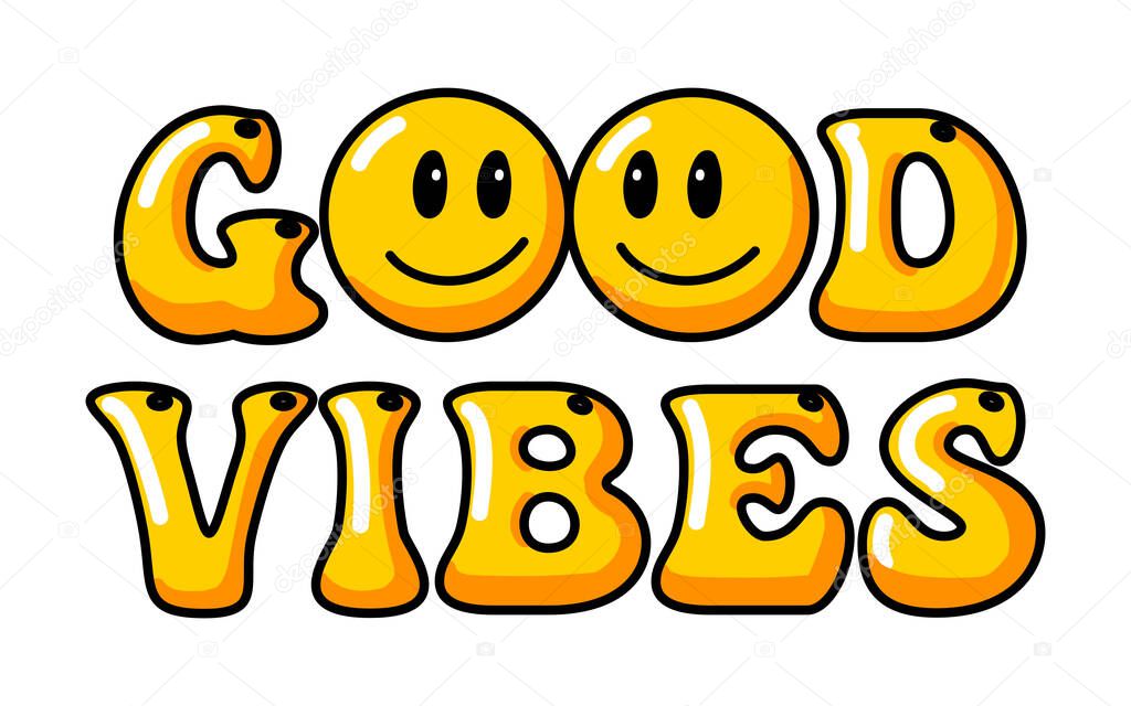 Melting smile vintage illustration. Retro psychedelic melt smile face logo. Dripping smile. Good mood. Positive emoji sticker. Vector groovy emoji face. Face symbol.
