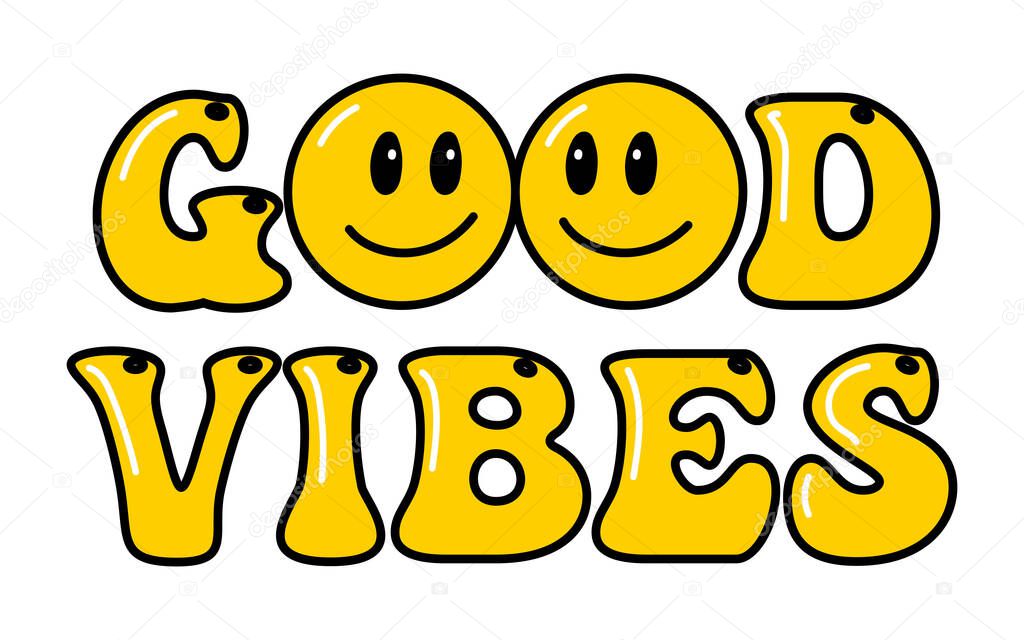 Melting smile vintage illustration. Retro psychedelic melt smile face logo. Dripping smile. Good mood. Positive emoji sticker. Vector groovy emoji face. Face symbol.
