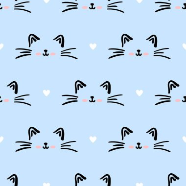 Mavi kedi pürüzsüz desen. Miyav ve kedi patileri arka plan vektör çizimi. Bebek bezi baskısı için tatlı pastel karakter..