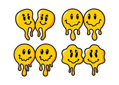 Eriyen gülümseme klasik bir illüstrasyon. Retro psikedelik eriyen gülümseme yüz logosu. Damlayan gülümseme. Keyfin yerinde. Pozitif emoji çıkartması. Vektör harika emoji suratı. Yüz simgesi.