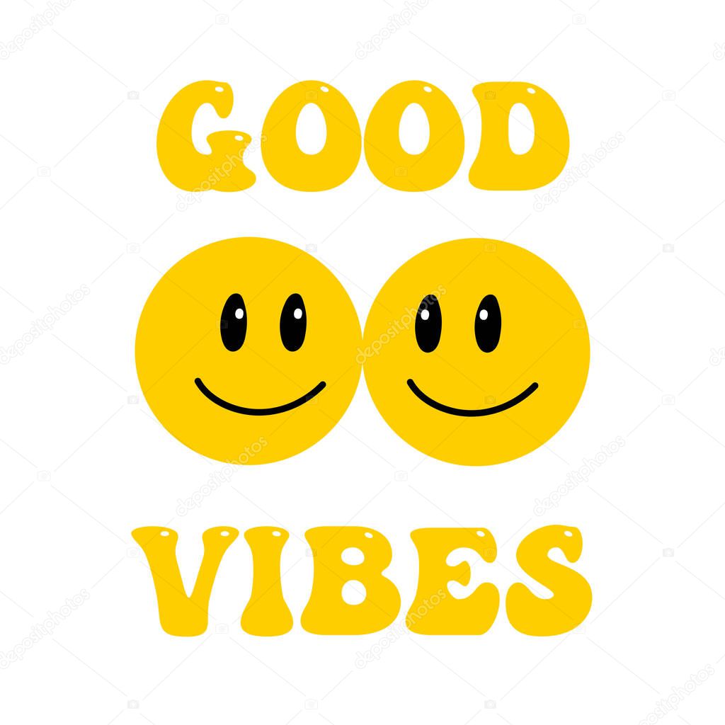 Melting smile lettering vintage illustration. Retro psychedelic melt smile face logo. Dripping smile print with text. Good mood. Positive emoji sticker. Vector groovy emoji face. Face symbol.