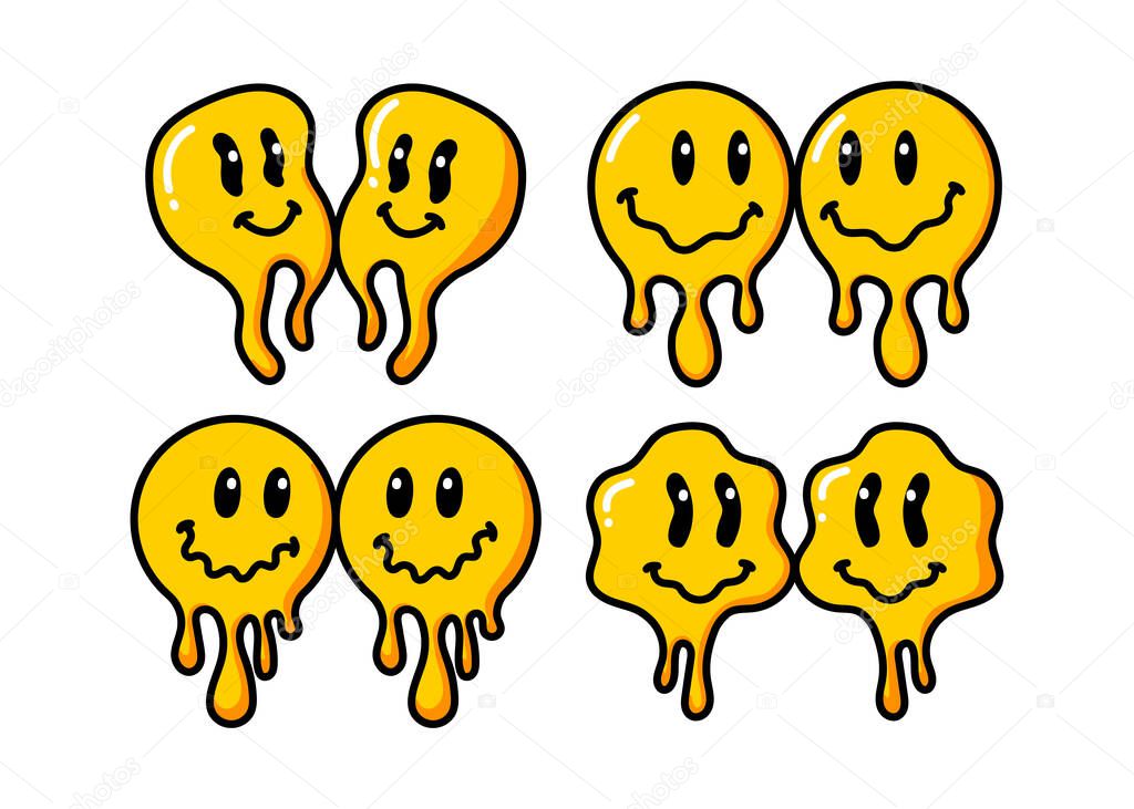 Melting smile vintage illustration. Retro psychedelic melt smile face logo. Dripping smile. Good mood. Positive emoji sticker. Vector groovy emoji face. Face symbol.