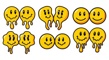 Eriyen gülümseme klasik bir illüstrasyon. Retro psikedelik eriyen gülümseme yüz logosu. Damlayan gülümseme. Keyfin yerinde. Pozitif emoji çıkartması. Vektör harika emoji suratı. Yüz simgesi.