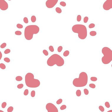 Pembe kedi pürüzsüz desen. Miyav ve kedi patileri arka plan vektör çizimi. Bebek bezi baskısı için tatlı pastel karakter..