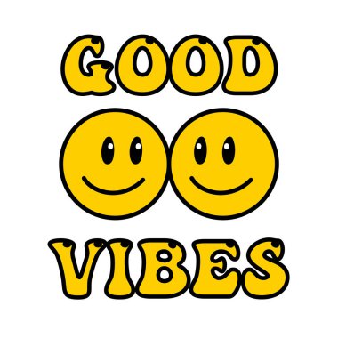 Eriyen gülücük harfleri, klasik illüstrasyon. Retro psikedelik eriyen gülümseme yüz logosu. Gülümseme izi mesajla damlıyor. Keyfin yerinde. Pozitif emoji çıkartması. Vektör harika emoji suratı. Yüz simgesi.