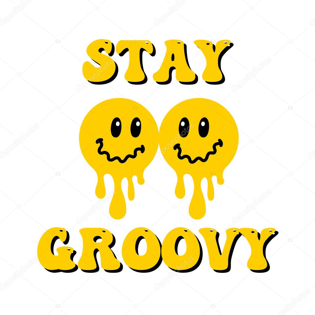 Melting smile lettering vintage illustration. Retro psychedelic melt smile face logo. Dripping smile print with text. Good mood. Positive emoji sticker. Vector groovy emoji face. Face symbol.