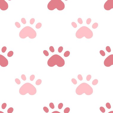 Pembe kedi pürüzsüz desen. Miyav ve kedi patileri arka plan vektör çizimi. Bebek bezi baskısı için tatlı pastel karakter..