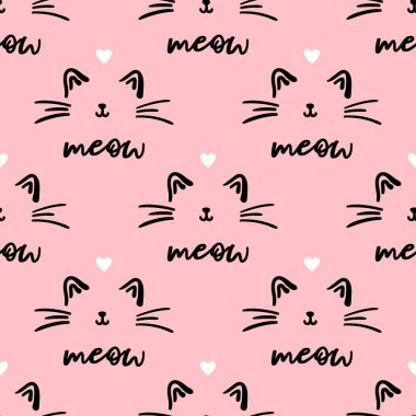 Pembe kedi pürüzsüz desen. Miyav ve kedi patileri arka plan vektör çizimi. Bebek bezi baskısı için tatlı pastel karakter..