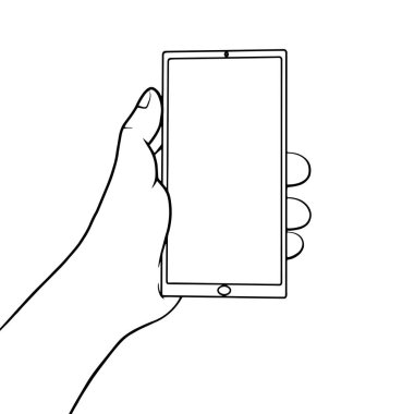 El ele tutuşan akıllı telefon, gölgeli boş ekran, cep telefonu modeli, dokunmatik ekrandaki uygulama. Cep telefonu vektör çizimi kullanan kişi.