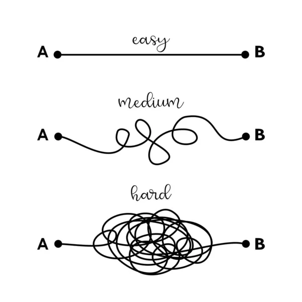 Hard Medium Easy Way Solution Concept Illustrated Tangled Straight Lines — ストックベクタ