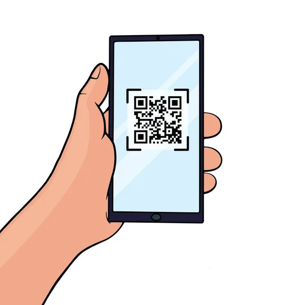 Hand Holding Mobile Phone Code Screen Code Scanning Smartphone Line — ストックベクタ