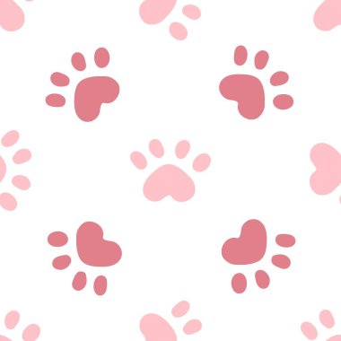 Pembe kedi pürüzsüz desen. Miyav ve kedi patileri arka plan vektör çizimi. Bebek bezi baskısı için tatlı pastel karakter..