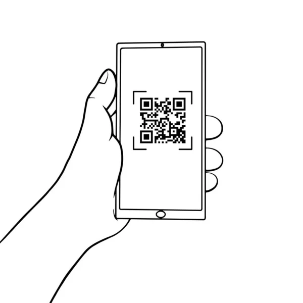 Hand Holding Mobile Phone Code Screen Code Scanning Smartphone Line — ストックベクタ