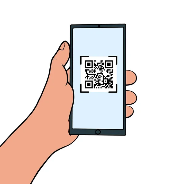Hand Holding Mobile Phone Code Screen Code Scanning Smartphone Line — ストックベクタ